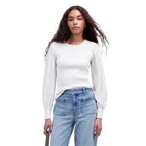 Madewell White Ribbed Puff Sleeve Knit Top Long Sleeve Blouse Size L NWT
